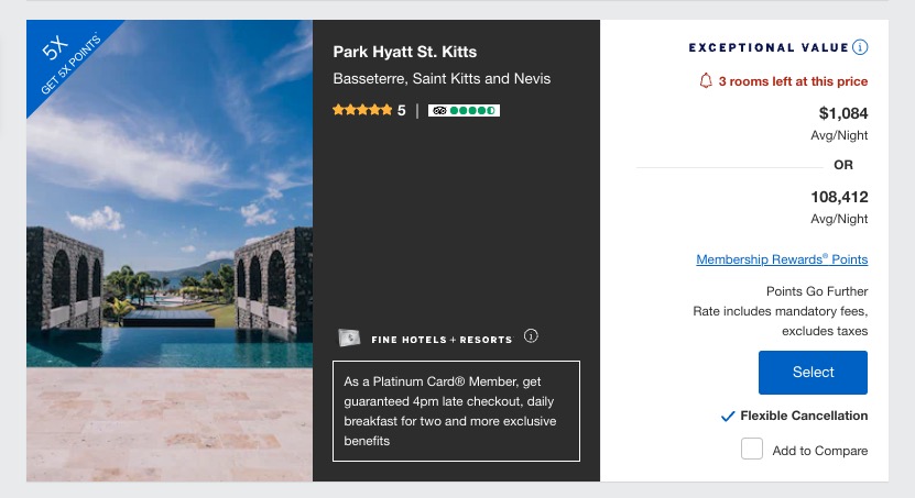 Fine Hotels and Resorts booking for the Park Hyatt St. Kitts for $1,084 per night or 108,412 Amex points